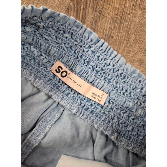 SO Women's Small Wide Leg Light Wash Cambray Elastic Waist Pants Denim Thin - Picture 3 of 5